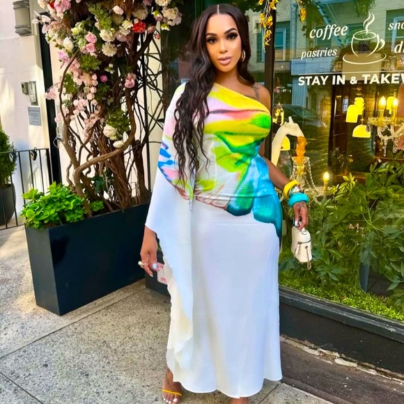 Butterfly 🦋 Effect Colorful One-Shoulder Maxi Dress - Picture 5 of 10